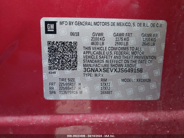 Chevrolet EQUINOX LT 2018 3GNAXSEVXJS649158 Image 9