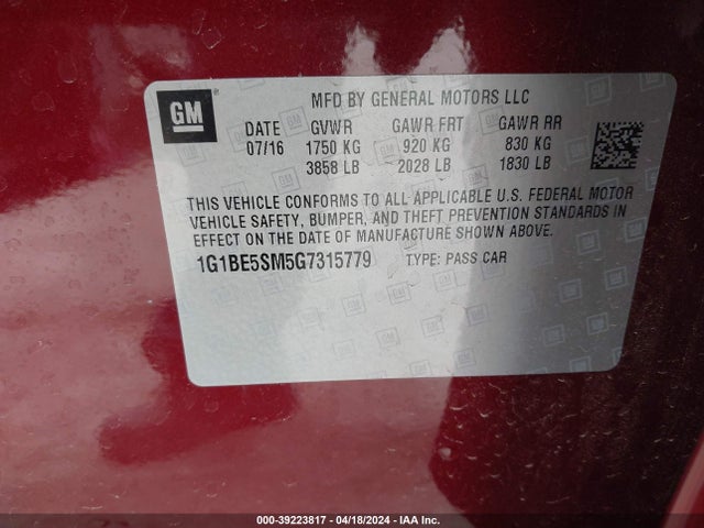 Chevrolet Cruze Lt Auto 2016 1G1BE5SM5G7315779 Image 9