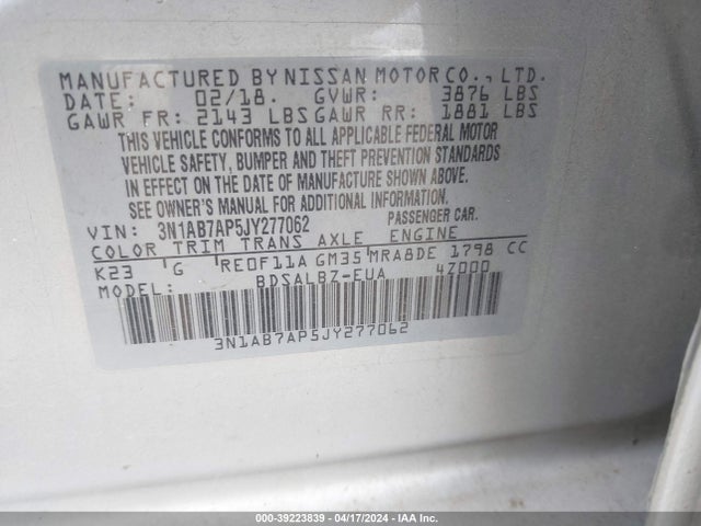 Nissan SENTRA S 2018 3N1AB7AP5JY277062 Image 9