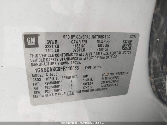 Chevrolet Tahoe Ls 2015 1GNSCAKC9FR116063 Image 9
