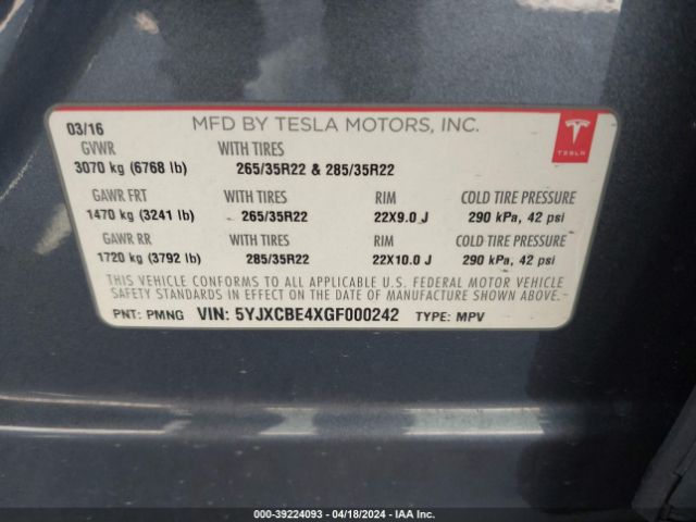 5YJXCBE4XGF000242 Tesla Model X 75d/p100d/p90d