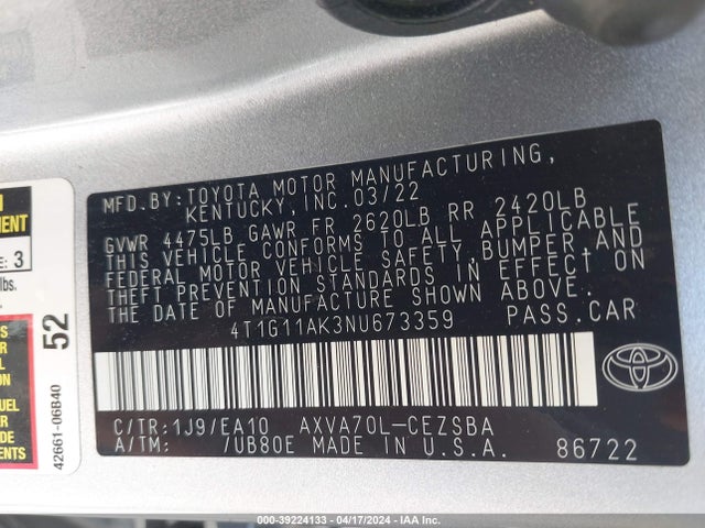 Toyota CAMRY SE 2022 4T1G11AK3NU673359 Image 9