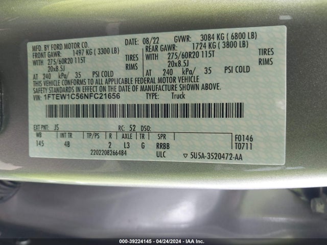 Ford F-150 Xlt 2022 1FTEW1C56NFC21656 Image 9