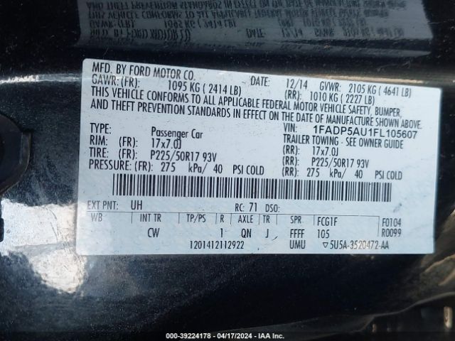 1FADP5AU1FL105607 Ford C-max Hybrid Se