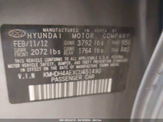 39224210 :رقم المزاد ، KMHDH4AEXCU451490 vin ، 2012 Hyundai Elantra Gls (ulsan Plant) مزاد بيع