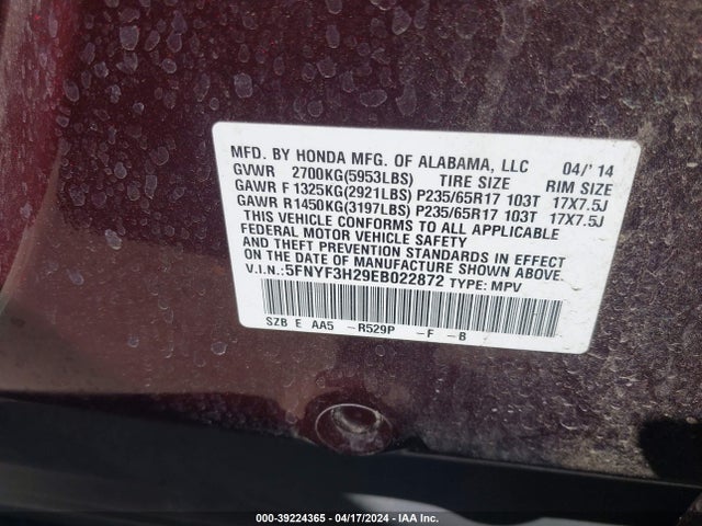 Honda PILOT LX 2014 5FNYF3H29EB022872 Image 9