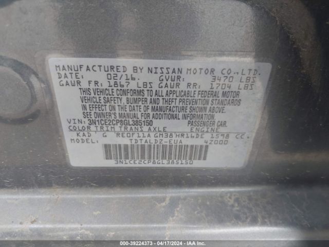 3N1CE2CP8GL385150 Nissan Versa Note S (sr)/s Plus/sl/sr/sv