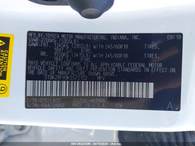 Toyota Highlander Xle 2019 5TDKZRFH9KS572152 Image 9