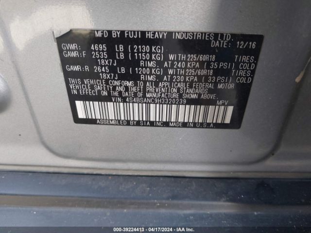 4S4BSANC9H3320239 Subaru Outback 2.5i Limited
