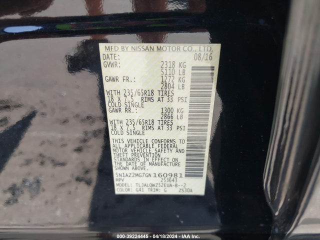 Nissan MURANO SV 2016 5N1AZ2MG7GN160981 Image 9