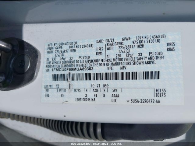Ford ESCAPE S 2021 1FMCU0F69MUA89302 Image 9