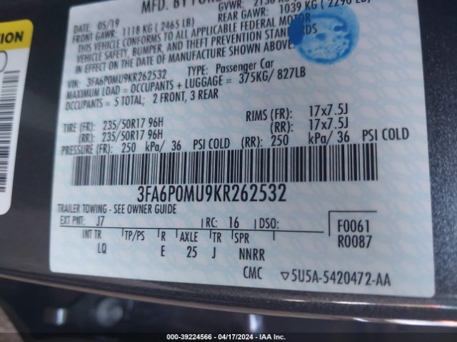 3FA6P0MU9KR262532 Ford Fusion Hybrid Sel