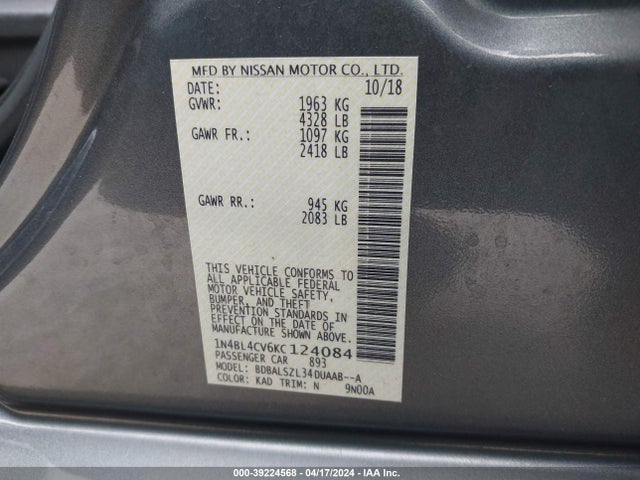 Nissan Altima 2.5 Sr 2019 1N4BL4CV6KC124084 Image 9