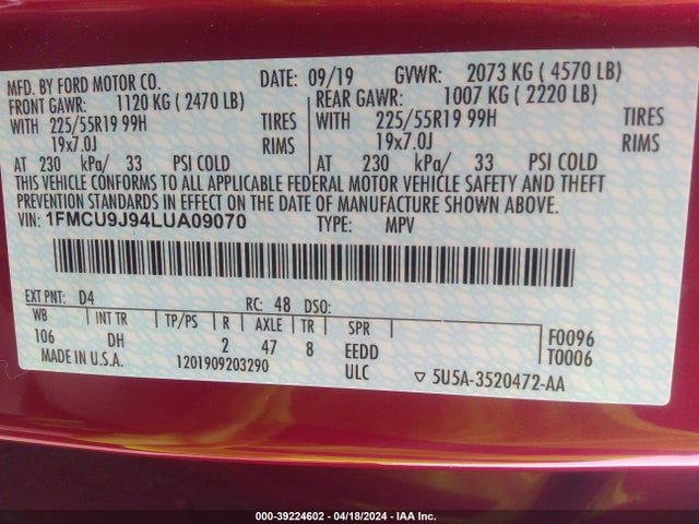 Ford Escape Titanium 2020 1FMCU9J94LUA09070 Image 9