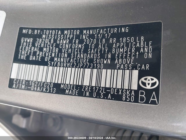 Toyota COROLLA SE 2018 5YFBURHE2JP773190 Image 9