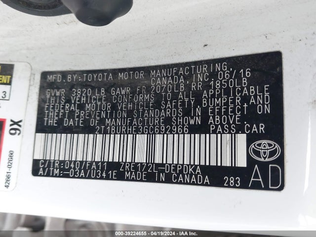 Toyota COROLLA L 2016 2T1BURHE3GC692966 Image 9