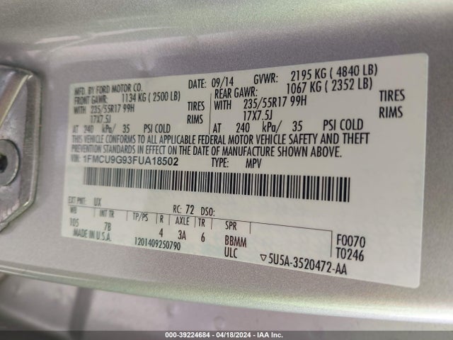 Ford ESCAPE SE 2015 1FMCU9G93FUA18502 Image 9