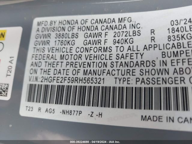 2HGFE2F59RH565321 Honda Civic Sport