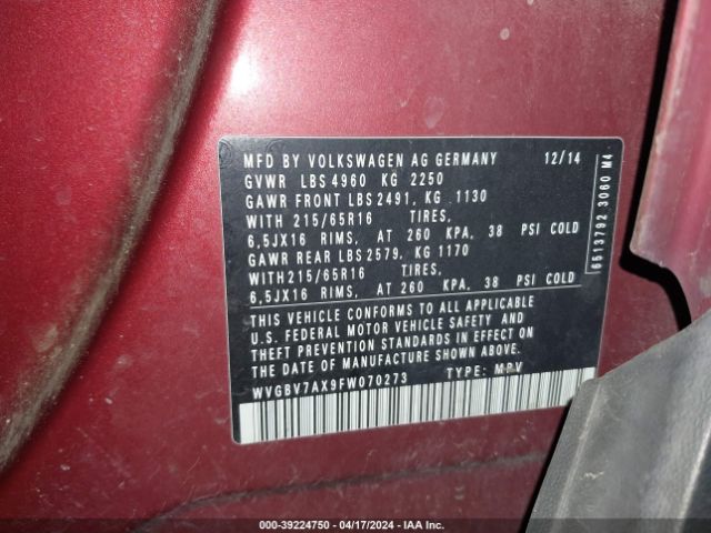 WVGBV7AX9FW070273 Volkswagen TIGUAN S