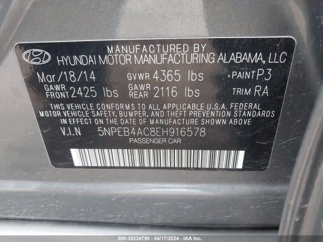 Hyundai SONATA GLS 2014 5NPEB4AC8EH916578 Image 9
