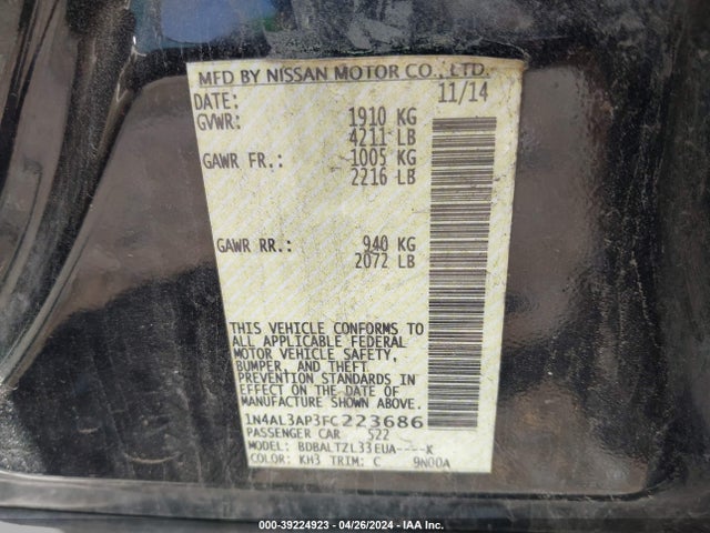 Nissan Altima 2.5 Sl 2015 1N4AL3AP3FC223686 Image 9