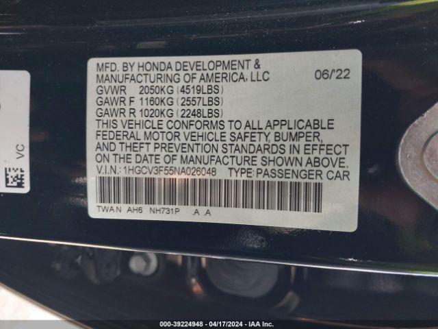 1HGCV3F55NA026048 Honda Accord Hybrid Ex-l