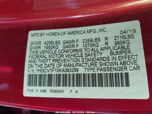 Honda ACCORD LX 2019 1HGCV1F10KA083299 Image 9