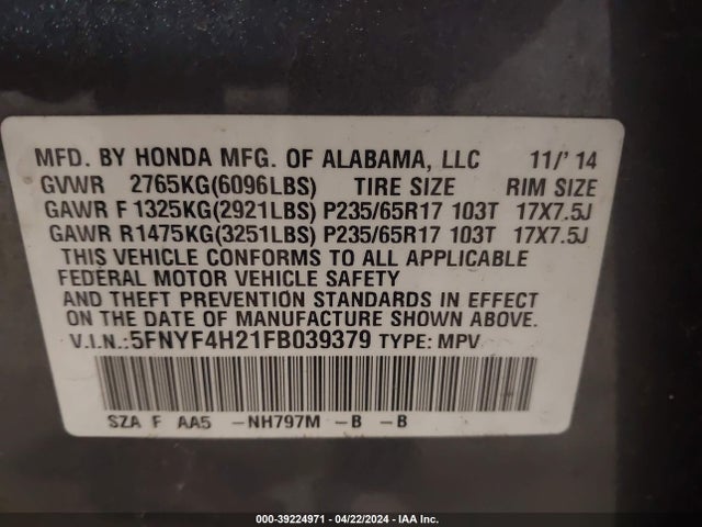 Honda PILOT LX 2015 5FNYF4H21FV039379 Image 9
