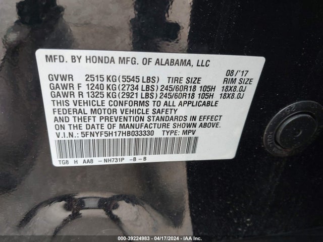 Honda PILOT LX 2017 5FNYF5H17HB033330 Image 9