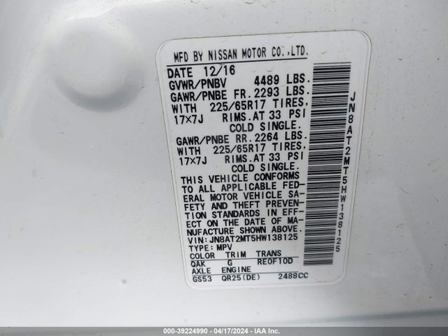 Nissan ROGUE SV 2017 JN8AT2MT5HW138125 Image 9