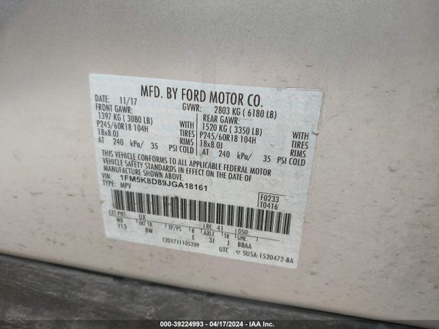 Ford EXPLORER XLT 2018 1FM5K8D89JGA18161 Image 9