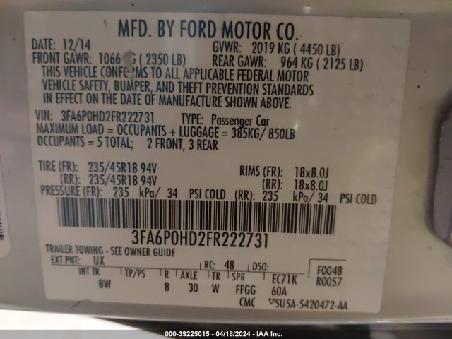 Ford FUSION SE 2015 3FA6P0HD2FR222731 Image 9