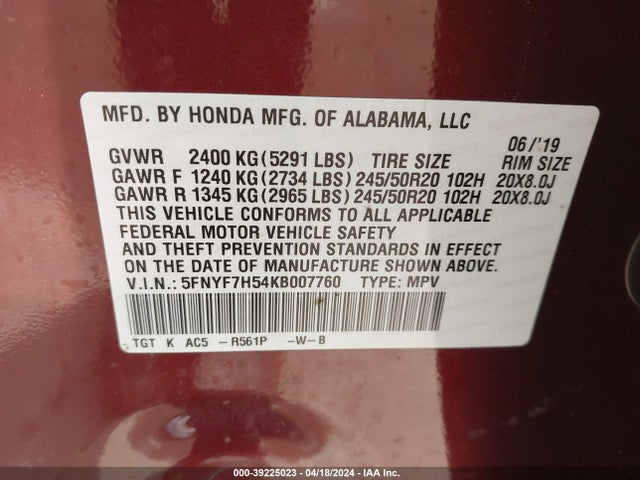 Honda Passport Ex-l 2019 5FNYF7H54KB007760 Image 9