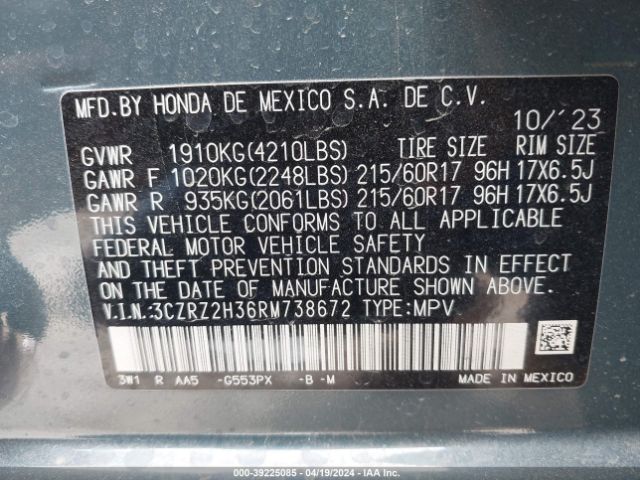 3CZRZ2H36RM738672 Honda Hr-v Awd Lx