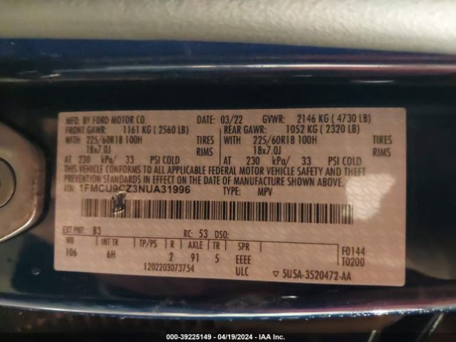 1FMCU9CZ3NUA31996 Ford Escape Sel Hybrid
