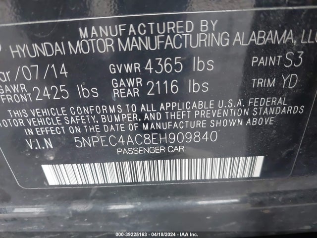 Hyundai Sonata Limited 2014 5NPEC4AC8EH909840 Image 9
