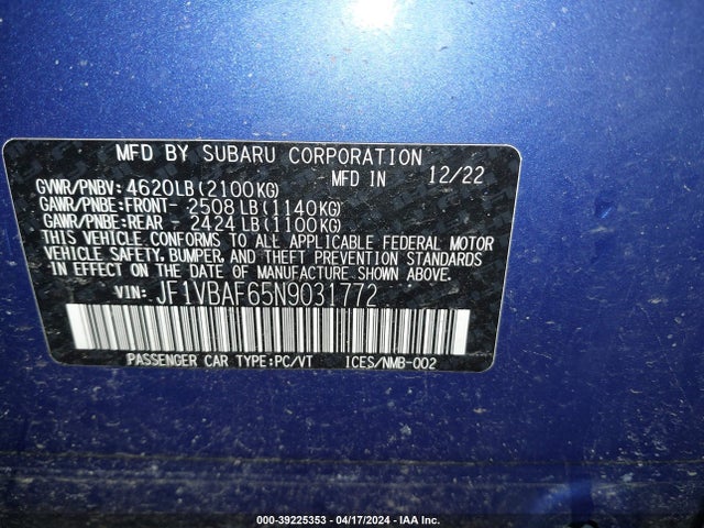 Subaru Wrx Premium 2022 JF1VBAF65N9031772 Image 9