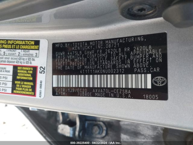4T1T11AK0NU002312 Toyota Camry Se Nightshade Edition