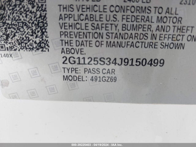 Chevrolet IMPALA 2LZ 2018 2G1125S34J9150499 Image 9