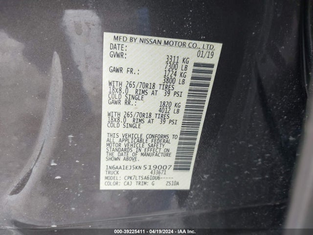 Nissan TITAN SV 2019 1N6AA1EJ5KN519007 Image 9