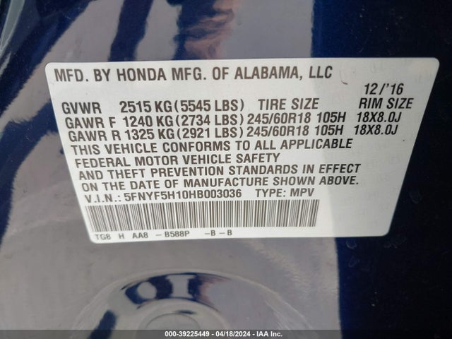 Honda PILOT LX 2017 5FNYF5H10HB003036 Image 9