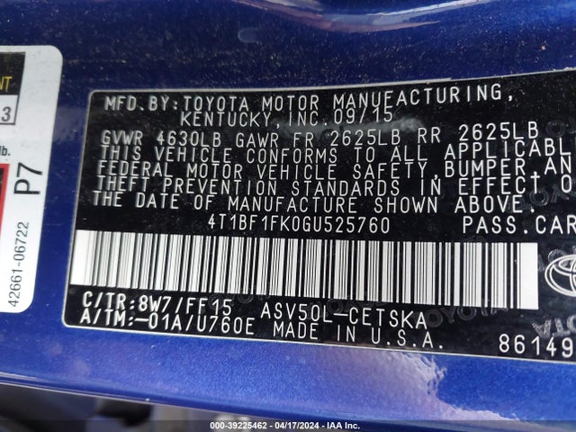 Toyota CAMRY SE 2016 4T1BF1FK0GU525760 Image 9