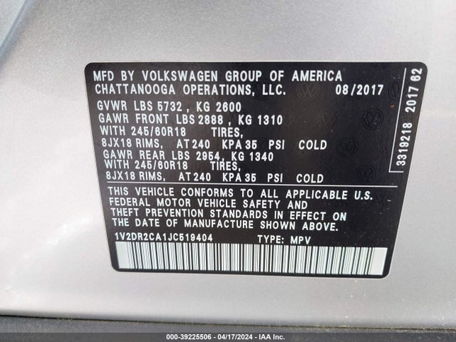 Volkswagen Atlas 3.6l V6 Se/3.6l V6 Se W/technology 2018 1V2DR2CA1JC519404 Image 9
