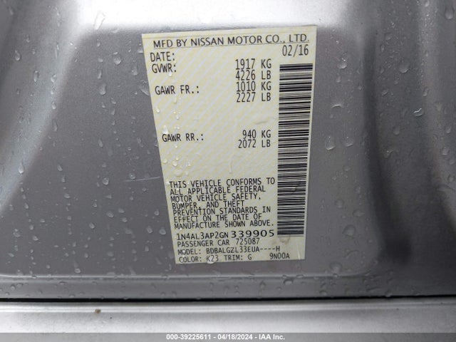 Nissan Altima 2.5 S 2016 1N4AL3AP2GN339905 Image 9