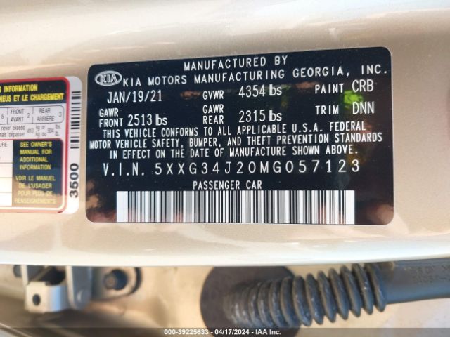 5XXG34J20MG057123 KIA K5 EX