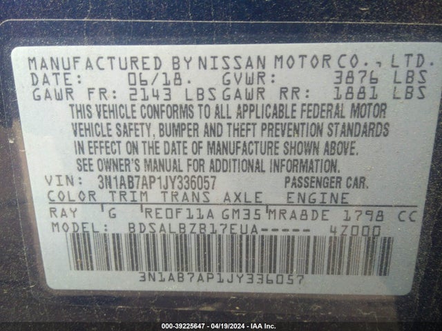 Nissan SENTRA S 2018 3N1AB7AP1JY336057 Image 9