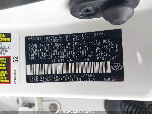 Toyota CAMRY SE 2019 4T1B11HK3KU744698 Image 9