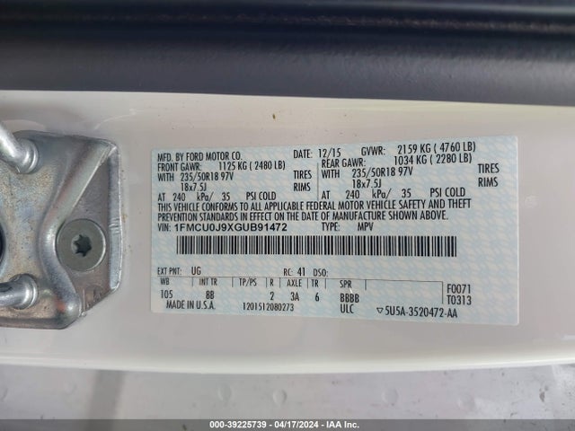 Ford Escape Titanium 2016 1FMCU0J9XGUB91472 Image 9