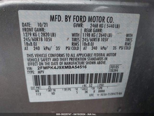 2FMPK4J9XMBA54516 Ford EDGE SEL