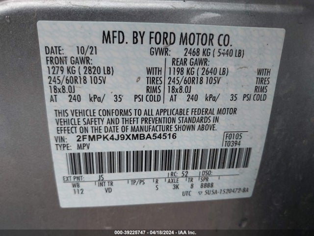 Ford EDGE SEL 2021 2FMPK4J9XMBA54516 Image 9
